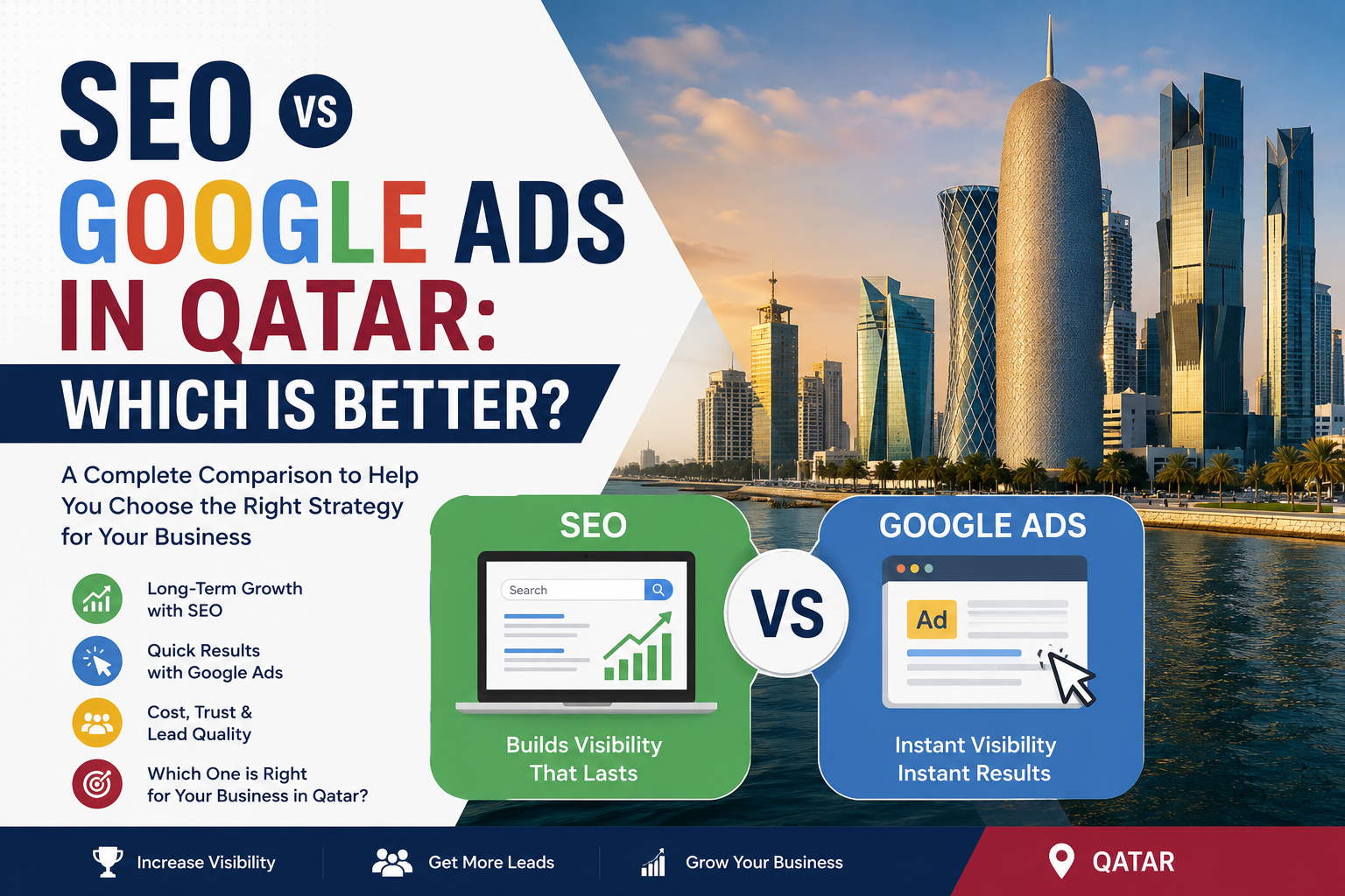 SEO vs Google Ads in Qatar comparison for long-term growth, instant visibility and lead generation